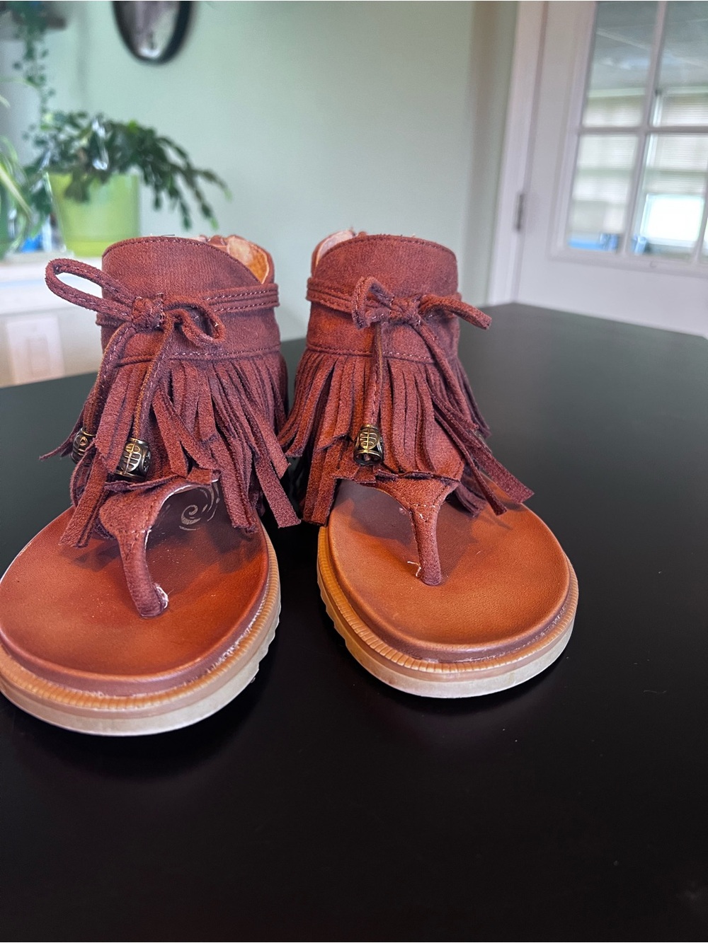 Very G Brown Suede Fringe Thong Sandals